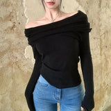 Sexy Slash Neck Knitted Sweater Women Fashion Pleated Off Shoulder Jumpers Woman Elegant Long Sleeve Slim Ft Pullovers-Outfit