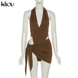 Kliou Solid Deep V sexy Two Piece Sets Midnight Club Halter Top And Skirt Backless Summer Partywear Hollow Out Ruched Women