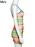 Kliou Mesh Striped Panelled Mini Dress Women Fashion Spaghetti Strap Multi-Color Body-Shaping Skirt Streetwear Female