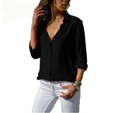 Spring Autumn Sexy Deep V Neck Chiffon Long Sleeve Ladies Work Shirts Casual Slim Button Women's Blouse White Solid