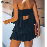 Fashion Women Summer Elegant Off Shoulder Layered Ruffle Romper Lady Solid Sleeveless Casual Playsuit-Outfit