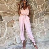 Sexy Sling V-Neck Backless Playsuit Office Lady Elegant Solid Lace-Up Overalls Romper Casual Loose Women Jumpsuits