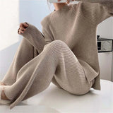Winter Knitted Loose Two Pieces Sets Chic Split Warm Elegant Pullovers Sweaters 2022 Wide Leg Straight Streetwear