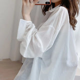 White Transparent Chiffon Blouse Chic Women Summer Oversize Puff Long Sleeve Shirt Korean Style Cardigan Basic Sheer Top-Outfit