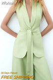 2023 Women Summer Vests Coats Casual Solid Sashes Bow Tie Female Elegant Street Party Waistcoat Vest Outerwear Clothing-Outfit