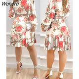 Women Floral Print Shirred Ruffle Dress 2022 Femme Casual Lantern Sleeve Corset Robe Office Lady Outfits traf Vestidos-Outfit