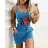New Spaghetti Straps O Neck Women's Sleevele Mini Dress 2021 Casual Plus Size Bodycon Pocket Rose Print Lady Dress