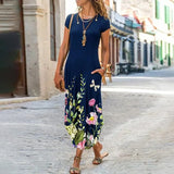 Flower Dress Women O Neck Pocket Summer Casual Dresses For Women Loose Long Dress Plus Size Ladies Vacation Party