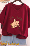 100% Cotton L-5XL Plus Size T Shirt Bunny Print V Neck Tshirt Short Sleeve Women Top Basic Summer Couple Solid T Shirts-Outfit
