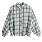 Women's Plaid Oversize Shirt Spring Summer Lantern Sleeve Vintage Blouse Women Thin Button Up Loose Check Shirt Female-Outfit