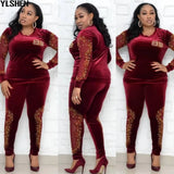 Sets For Women 2023 Long Sleeve Beading Diamonds African Elastic Bazin Baggy Pants Rock Style Dashiki Famous Suit Lady-Outfit