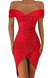 Sexy Off Shoulder Short Sleeve Ruched Irregular Party
