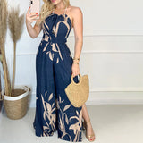 Women Fashion Elegant Sleeveless Partywear Jumpsuits Overalls Formal Party Romper Print Halter Slit Wide-legs Party