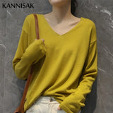 Women Sweaters White Long Sleeve O-neck Basic Pullovers Spring Autumn Solid Korean Sweater Bottoming Shirts V-neck