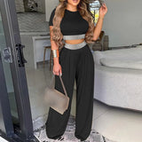 Elegant Women Two Piece Set Fashion O-Neck Slim Tops And Wide Leg Pants Suits For Ladies Casual Floral Print Chic