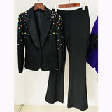 Fashion New Heavy Industry Nails Color Diamond Repair Suit Jacket Micro-Thorn Trousers Set