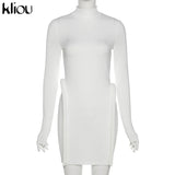 Kliou Knitted Stitching Mini Dress Women Hipster Skinny Three-Dimensional Decoration Bodycon Long Sleeve Turtleneck