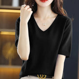 Woherb 2024 New Short-Sleeved Sweater Women's T-Shirt Solid Color V-Neck Short-Sleeved Bottom Shirt Top Thin Style A Hair-Outfit