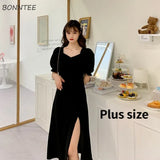 Women Black Retro Elegant Friends Side Slit Temperament Minimalist Shirring Summer Clothing 2021 Daily Chic Simple