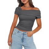 Solid color strapless wrap regular casual short sleeve backless shrunken Tee multicolor high quality pullover t-shirt-Outfit