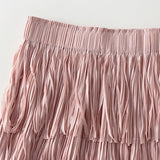 Women Tassel Splicing Pleated Skirt Elegant Elastic Waist All Match A-line Long Skirt For Spring Summer QT2140-Outfit