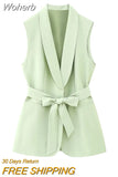 2023 Women Summer Vests Coats Casual Solid Sashes Bow Tie Female Elegant Street Party Waistcoat Vest Outerwear Clothing-Outfit