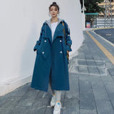 New Fashion Blue Color Women Trench Coat Double-Breasted with Removable Hood Spring Autumn Outerwear Lady Duster
