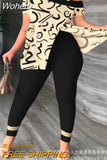 Women Spring Summer Geometric Print Split Hem Top & Pants Set 2pcs Clothes Suit Fashion Casual-Outfit