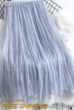 Asymmetrical Midi Chiffon Pleated Skirt Elegant Vintage Elastic High Waist A-line Tulle Skirt QT1909-Outfit