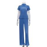 Woherb 2023 Summer New Thin T-Shirt High Waist Blue Pleated Floor Pants Casual Women's Fashion Suit-Outfit