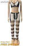 Block Knit Rib 2 Piece Set Summer Beach Wear Sexy Crochet Fishnet Lace Up Bra Crop Top + Pants Club Oufits Tracksuit Women-Outfit