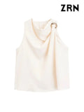 ZRN-Women's Gold Appliques Blouses, Sleeveless, Cowl Neck, Back Zipper, Female Shirts, Chic Tops, Fashion-Outfit