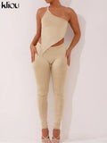 Kliou Concise 2 Piece Set Women Sexy Skew Collar Crop Tops+Pencil Pants Matching Outfit Girl Hot Skinny Classic Street