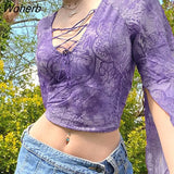 Women Sexy See Through 2000s Mesh Cardigan T-Shirt Ladies Girls Flare Long Sleeve Button Down Lace E-Girl Crop Tops-Outfit
