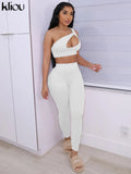 Kliou Sporty Solid Two Piece Set Women Skinny Inclined Shoulder Hole Cleavage Tank Tops+ Concise Stretchy Pants Workout
