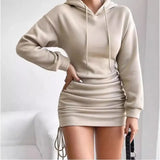 Sexy Wind Breeze Drawstring Design Hooded Bag Long-Sleeved Dress