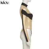 Kliou Mesh Patchwork Bodysuit Women Sexy See Through Halter Backless Panelled One Piece Female Elastic Summer Swimsuit