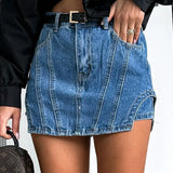 Sweet Spliced Obvious Decoration SummerJeans Skirts For Women Office Ladies Streetwear Mini Dress Short Vintage Denim Skirt-Outfit