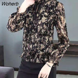 Chiffon Shirt Autumn New Floral Fashion Women's Clothing Loose Long Sleeve Stand Collar Bottoming Blouse Top-Outfit