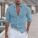New Men's Summer Cotton-Blind Beach Shirt Long Sleeves Solid Hawaiian Holiday