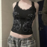 Vintage Print Knit Sleeveless Slim Vest Lace Lace Sling Top 2024 Summer New Style-Outfit