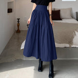 Fashion Women High Waist Skirt Pleated A-line Swing Party Skirt 2022 Summer Casual Loose Holiday Zipper Solid Midi