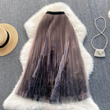 Women Spring High Waist Mid-length Gauze Skirt Casual Mesh Building Printed A-line Skirt QT1824-Outfit