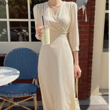 Temperament Romantic Date Korean Chic Women Office Lady Short Sleeve Solid Color V Neck A Line Purple Long Maxi