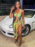 Kliou Aesthetic Print Maxi Dresses Women Fashion Sleeveless Lace up Backless Cleavage Body-Shaping Robe Partywear Female