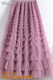 Autumn Korean Style Mesh Puffy Cake Long Skirt Elegant Vintage Elastic Waist High Waist Ball Gown Gauze Tulle Skirt QT1989-Outfit