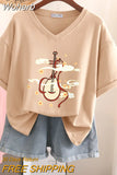 100% Cotton M-6XL T Shirt Chinese Lute Print Tshirt Short Sleeve Women's Top Summer Couple V Neck Oversized T Shirts-Outfit