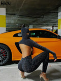 Kliou Shiny Outstanding Bodycon Hooded Jumpsuit Women Long Sleeve Sexy Backless Fashion Streetwear Skinny Slim Female