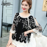 Spring Summer Embroidery Lace Blouse Flare Sleeve Hollow Out Women Shirt O-Collar Casual Female Tops Ladies Clothing 4506