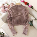 Flower Puff Sleeve Women Sweater Slim Short Style Patchwork Round Neck Knitting Female